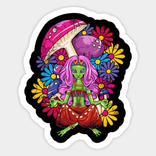 Hippie Alien Girl Yoga Meditate Mushrooms Psychedelic Sticker